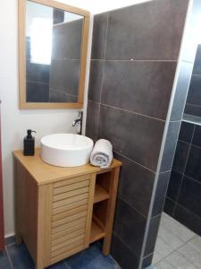a bathroom with a sink and a mirror at Atoumo piscine citerne in Le Gosier