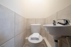 a bathroom with a toilet and a sink at Bull Pen and Cart Lodge in Herstmonceux