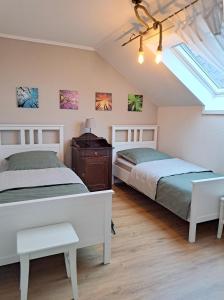 1 dormitorio con 2 camas y tragaluz en Ferienwohnung Am Speicher, en Wietzendorf