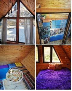 a collage of four pictures of a room in a house at Kazbegi Mountain Cottage MTA-Shi in Kazbegi