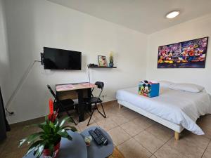 Cette chambre comprend un lit et un bureau avec une télévision. dans l'établissement Appartement Disneyland Paris Montevrain, à Montévrain