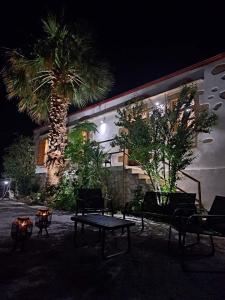 基薩莫斯的住宿－Villa Nama，一座建筑,前面有一张桌子和一棵棕榈树