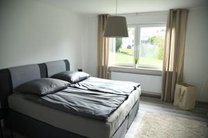 een bed in een kamer met een raam en een bed sidx sidx sidx bij Ferienwohnung Niestetal in Niestetal