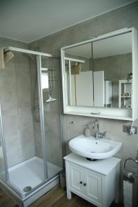 een badkamer met een wastafel en een douche met een spiegel bij Ferienwohnung Niestetal in Niestetal