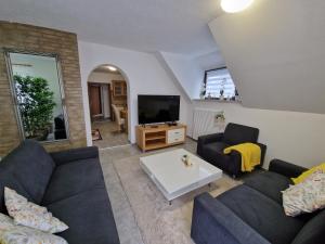 a living room with two couches and a tv at Apartment LARA in Sankt Peter am Bichl
