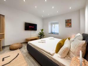 een slaapkamer met een groot bed en een flatscreen-tv bij Modern und Gemütlich Augsburg Center Kongress in Augsburg