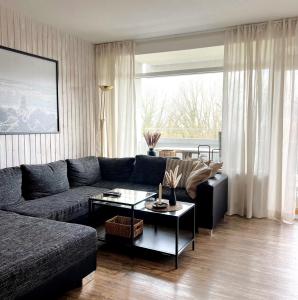 ein Wohnzimmer mit einem Sofa und einem Tisch in der Unterkunft Panoramic App A03-1 in Sierksdorf