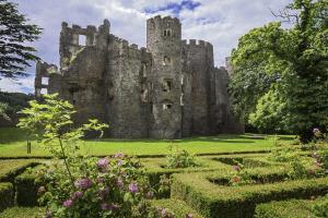 an old castle in the middle of a garden at Glens Reach Laugharne in Laugharne