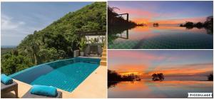un collage de fotos con piscina y puesta de sol en Stunning seaview, Gorgeous Villa of architect 4br, en Ko Pha Ngan