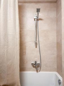 a bathroom with a bath tub with a shower at Wunderschönes Terrassen-Appartement in Leipzig +22 photos
