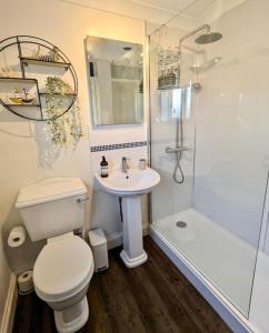 a bathroom with a toilet and a sink and a shower at Firs End - Close to Norfolk Broads and Coast - Crabpot Cottages Sheringham in North Walsham