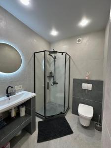 a bathroom with a shower and a toilet and a sink at Apartamenty Stepana Bandery 35 in Truskavets