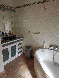 een badkamer met een bad en een wastafel bij Mas de la fontaine in Lafarre