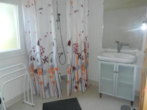 een badkamer met een douchegordijn en een wastafel bij Gites Les Chrisalies in Pont-Saint-Esprit +11 foto's