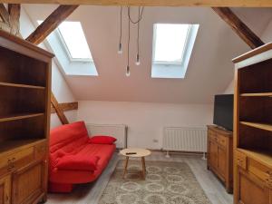 a living room with a red couch and skylights at Apartament spatios in centru in Oradea