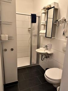 een badkamer met een douche, een toilet en een wastafel bij Tondose Apartment in Dortmund