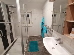 a bathroom with a sink and a shower at Ferienwohnung (R)Auszeit in Wildemann