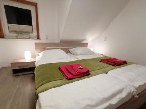 a bedroom with a large bed with two red towels on it at Ferienwohnung (R)Auszeit in Wildemann