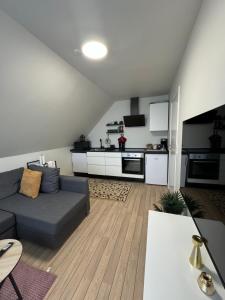 a living room with a couch and a kitchen at The Nightingale - Top-equipped house in Odense - Free Parking in Odense