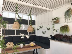 a room with a couch and a table and plants at Ammolithos Beach in Stavros