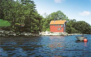 a painting of a house on the water with a boat at Awesome Home In lensvg With 2 Bedrooms And Internet in Vaka