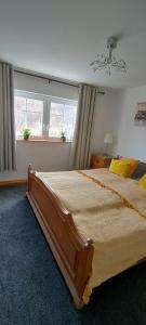 ein Schlafzimmer mit einem großen Bett in einem Zimmer mit Fenstern in der Unterkunft Apartament Sadyba in Świeradów-Zdrój
