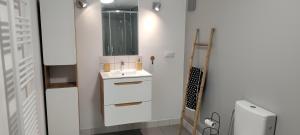 ein weißes Badezimmer mit einem Waschbecken und einem Spiegel in der Unterkunft Apartament Sadyba in Świeradów-Zdrój
