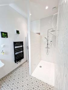 ein weißes Bad mit einer Dusche und einem Waschbecken in der Unterkunft Le Colombier in Laon