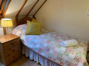 um quarto com uma cama com um candeeiro e uma cómoda em Barn Owl Cottage, The Welsh Reindeer Retreat, Ystradfach Farm , Llandyfaelog, Carmarthen , SA17 5NY em Carmarthen