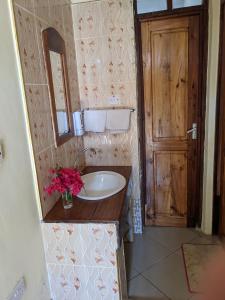a bathroom with a sink and a wooden door at kua garden cottage in Utende