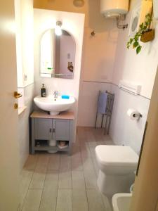 La salle de bains est pourvue d'un lavabo, de toilettes et d'un miroir. dans l'établissement Appartamento Palma, à Spello