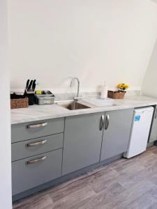 a kitchen with a sink and a counter top at Cozy Studio in Maidstone Town Centre in Kent