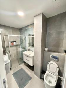 a bathroom with a toilet and a shower and a sink at Apartment Llama in Trebinje