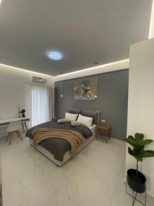 a bedroom with a large bed and a desk at Cozy City Center Apartment in Rhodes Town