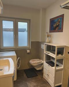 a bathroom with a toilet and a sink at FeWo Perle Amaya in Sassenburg
