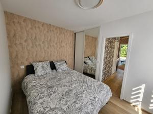 a bedroom with a large bed and a mirror at Jolie maison entierement renovee proche centre vil in Panazol