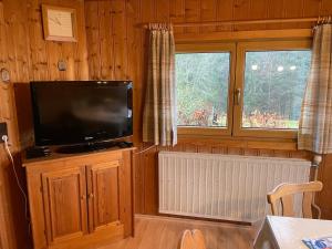a living room with a flat screen tv and two windows at Ferienhaus Talblick in Weiler-Simmerberg