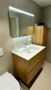 ein Badezimmer mit einem Waschbecken, einem Spiegel und einem WC in der Unterkunft J1 - Urban studio in Antwerp in Antwerpen