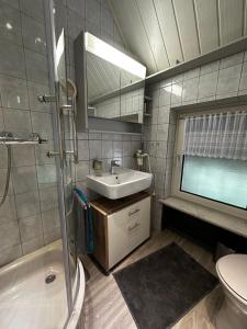 uma casa de banho com um lavatório, um chuveiro e um WC. em FewoVolmetal em Meinerzhagen