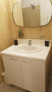 a bathroom with a white sink and a mirror at Gîte Valentine in Aubin
