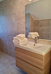 La salle de bains est pourvue d'un lavabo, d'un miroir et de serviettes. dans l'établissement Cottage im Natur-Resort Pool, Schwimmteich & Sauna, à Kiskunmajsa