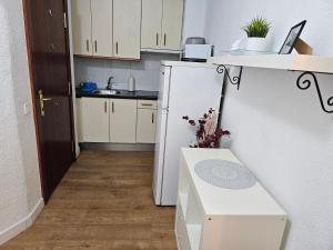 Elle comprend une petite cuisine avec des placards blancs et un réfrigérateur blanc. dans l'établissement Apartamento Gran Via Madrid W8.1, à Madrid