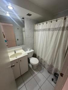 a bathroom with a toilet and a sink and a shower curtain at Hotel Smart Bellas Artes in Santiago