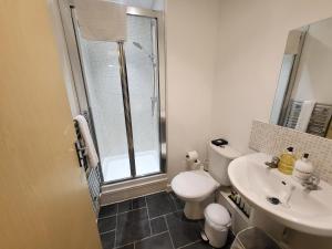 a bathroom with a toilet and a sink and a shower at Garland Central City Apartment London 2 in London