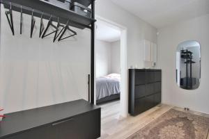 a bedroom with a black dresser and a mirror at Beautiful apartment in Akureyri in Akureyri