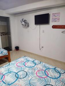Un dormitorio con una cama y un televisor en una pared. en Hotel Zarina, en Villavicencio