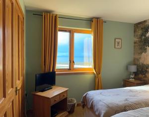 a bedroom with a bed and a television and a window at Princes point villa all on ground floor in Portree