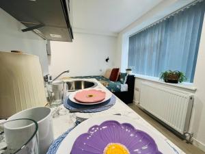 a kitchen with a counter with a purple plate on it at Contemporary Chic Studio in Stretford in Manchester