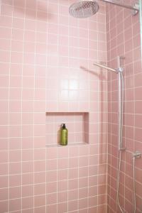 een roze badkamer met een douche met een groene container bij Lermooser in Lermoos