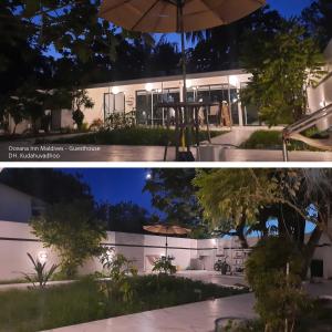two pictures of a house at night with an umbrella at Oceana Inn Maldives in Kudahuvadhoo